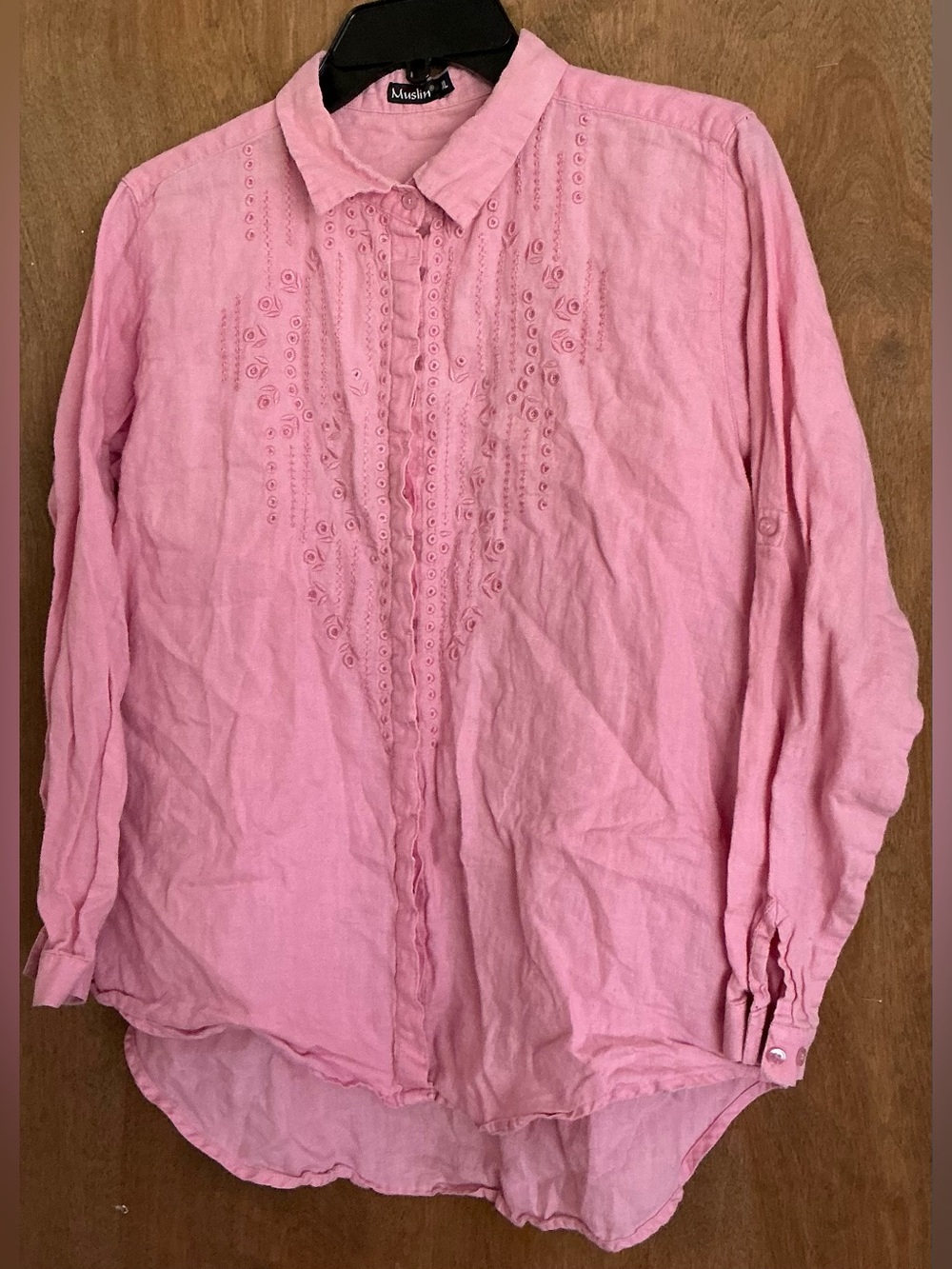 Muslin Embroidered Button Up Pink Long Sleeve Top 2X Boho Peasant Eyelet Details